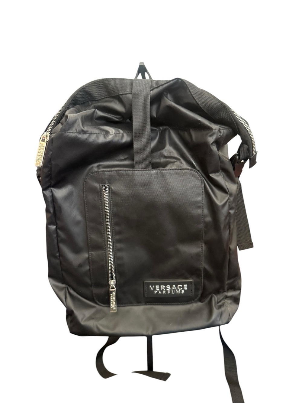 Versace Parfums Black Nylon Backpack with Front Zip Pocket